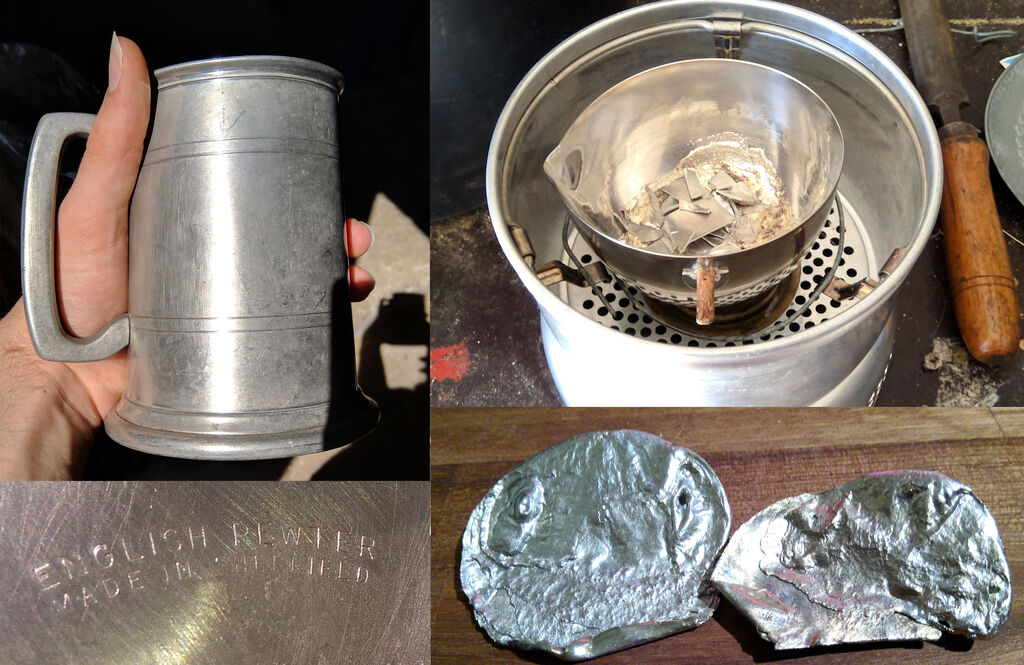 The pewter cup stamped with "English pewter", cut and melted down